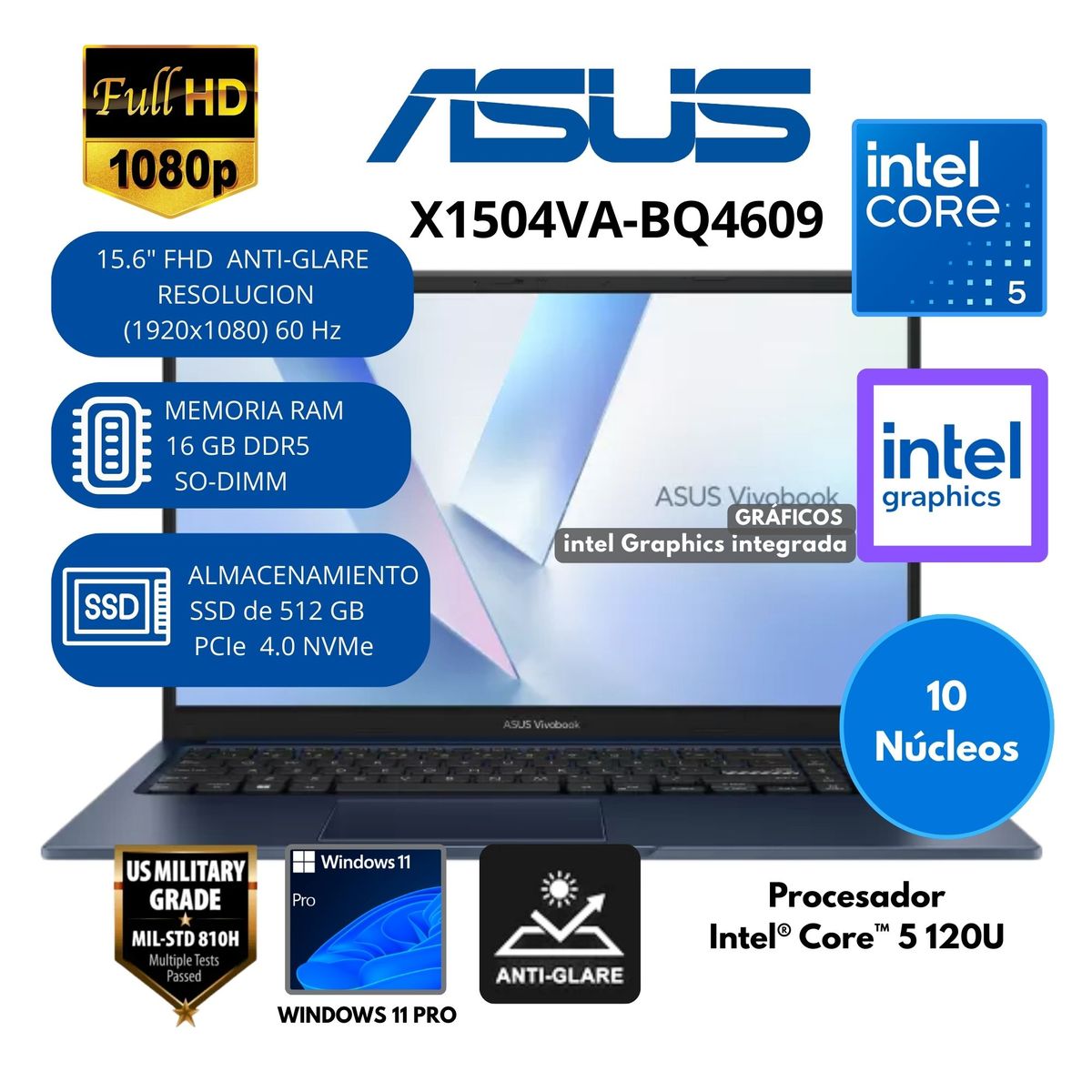 ASUS - Laptop ASUS Vivobook Intel Core 5 (X1504VA-BQ4609) RAM 16 GB SSD 512 GB 15.6" FHD Windows 11 PRO