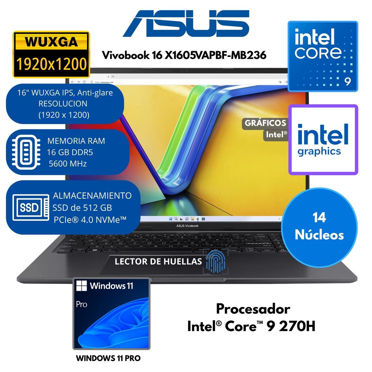 ASUS - Laptop Asus Vivobook 16 Intel Core 9 270H RAM 16 GB SSD 512 GB 16" WUXGA Windows 11 PRO