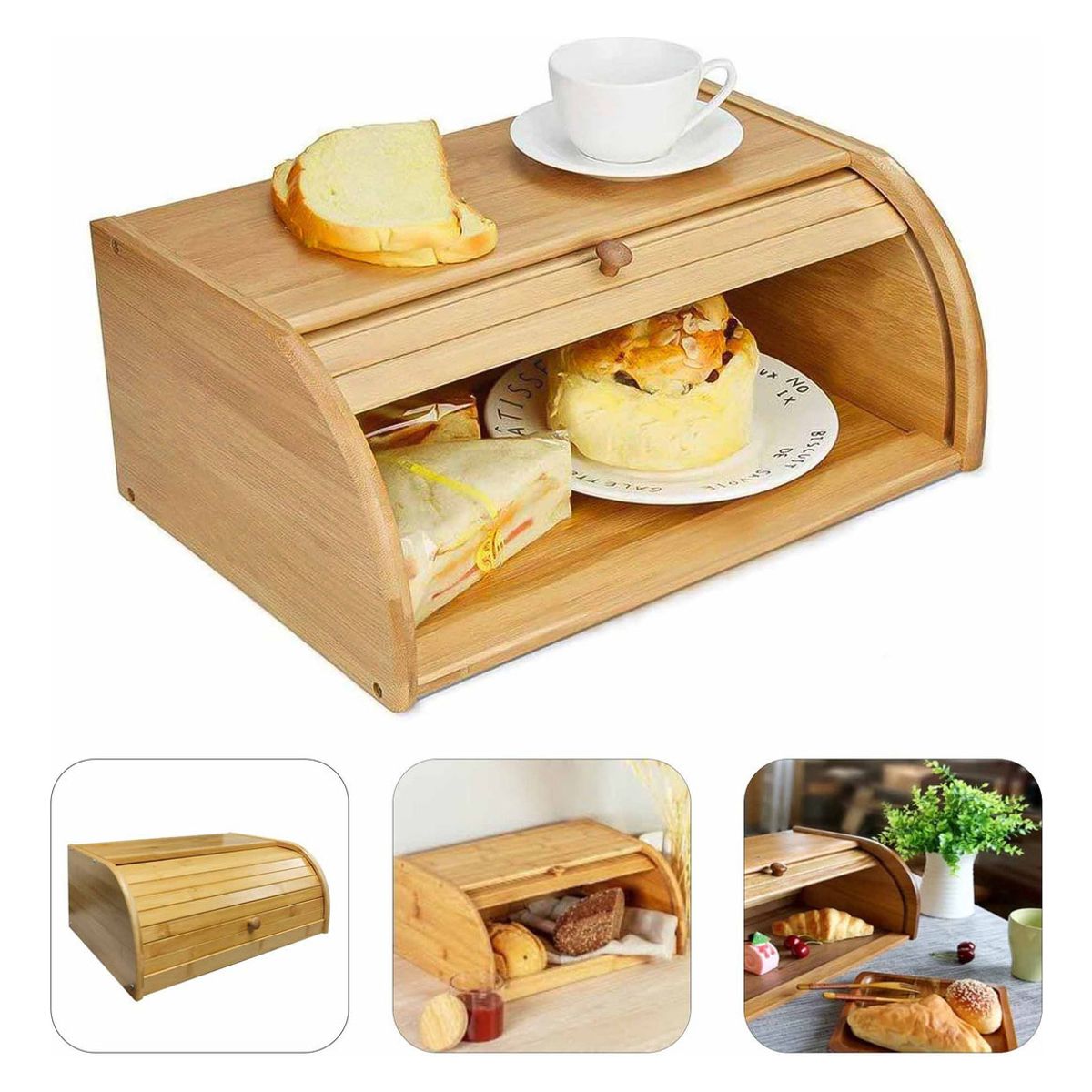 ANYHOGAR - Caja Pan Madera Bambu Con Tapa Enrollable Multiuso Grande