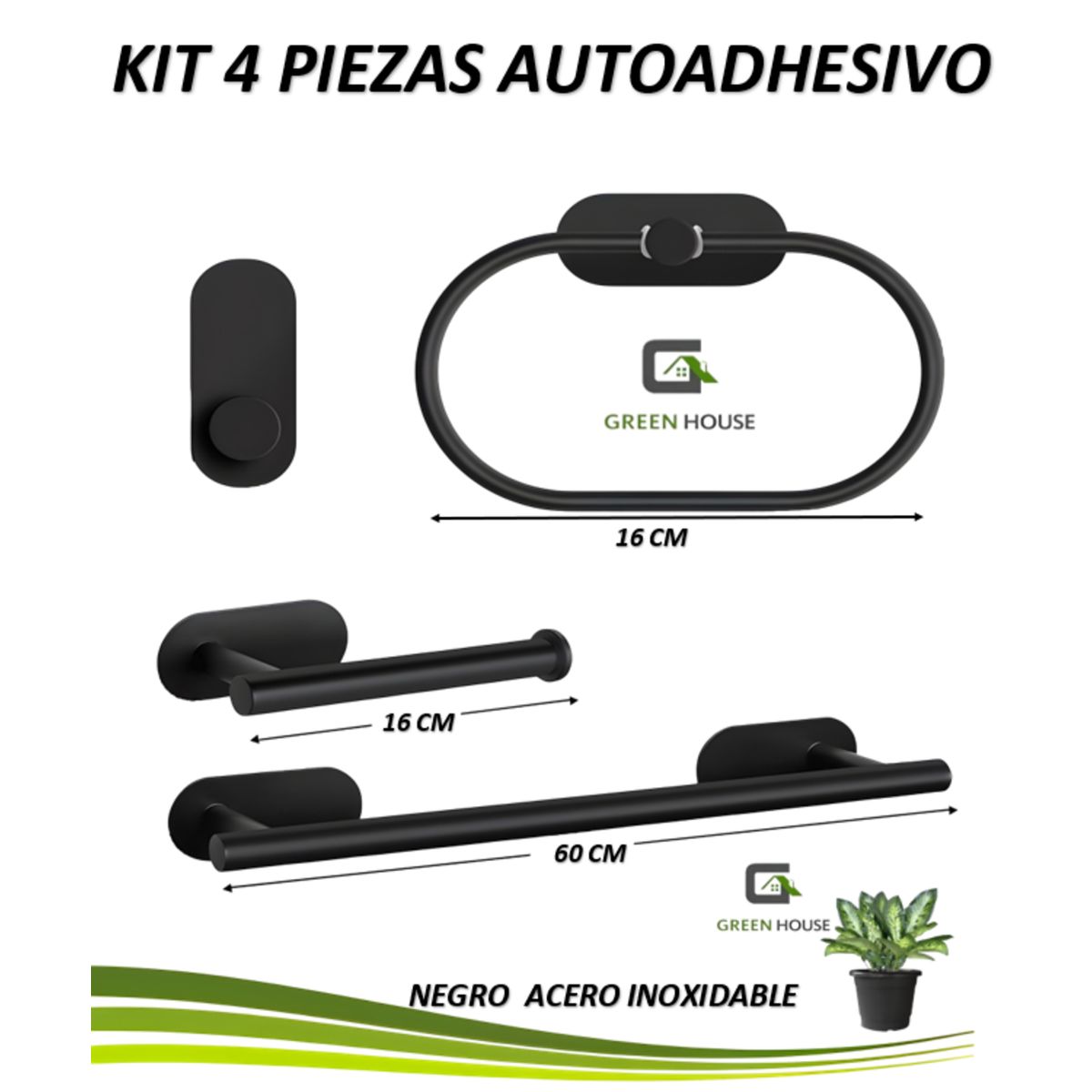 GREEN HOUSE - KIT NEGRO  ACERO INOXIDABLE  4 PIEZAS AUTOADHESIVO 3M