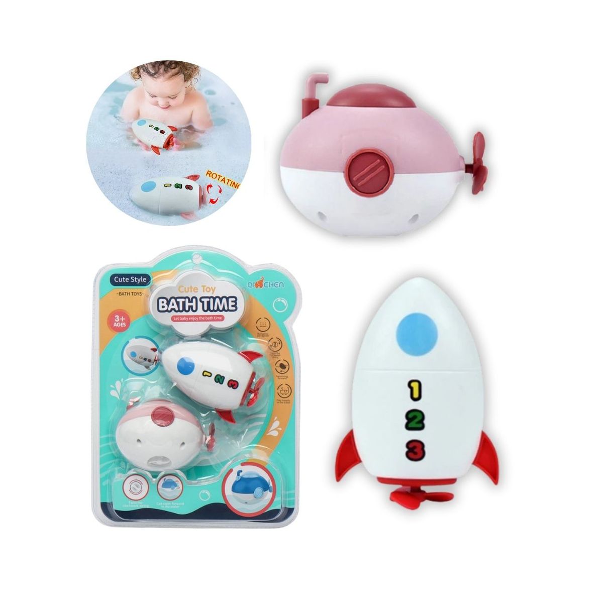 GENERICO - Set Juguetes Submarino y Cohete para Baño de Bebés - Rosa