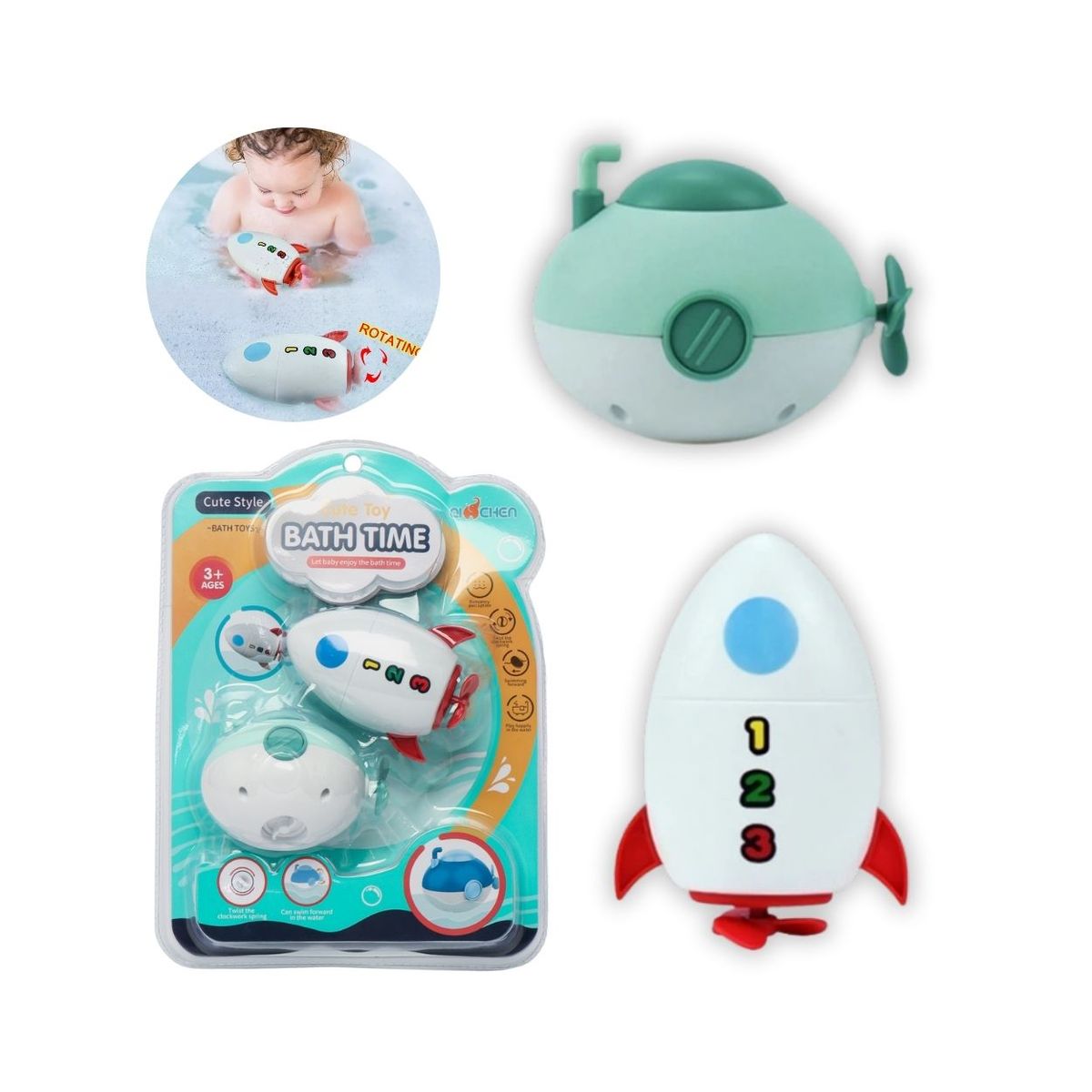 GENERICO - Set Juguetes Submarino y Cohete para Baño de Bebés - Verde