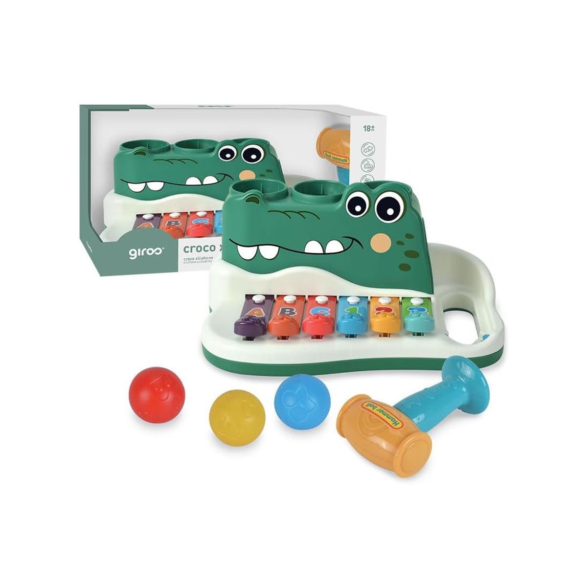 GENERICO - XILOFONO MUSICAL COCODRILO CON 6 NOTAS Y JUEGO DE PELOTAS