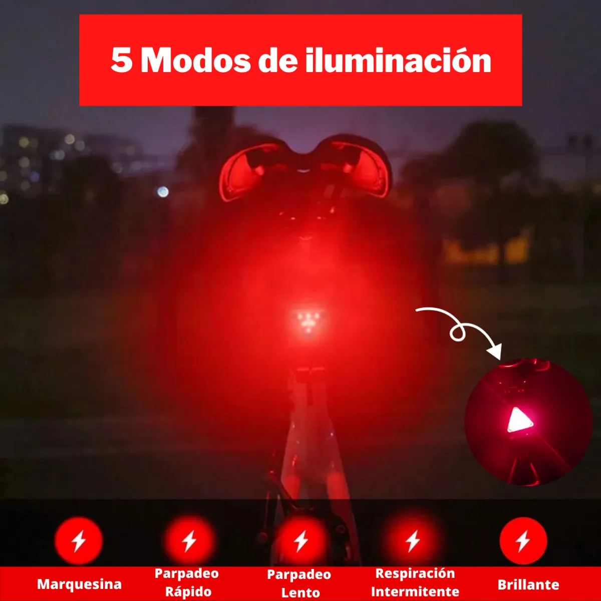 GENERICO - Luz Trasera para Bicicleta con 5 Luces Recargable
