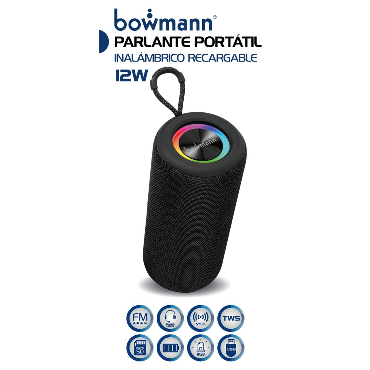 BOWMANN - Parlante Bluetooth Portátil Bowmann Recargable TWS Con FM BTS-200X