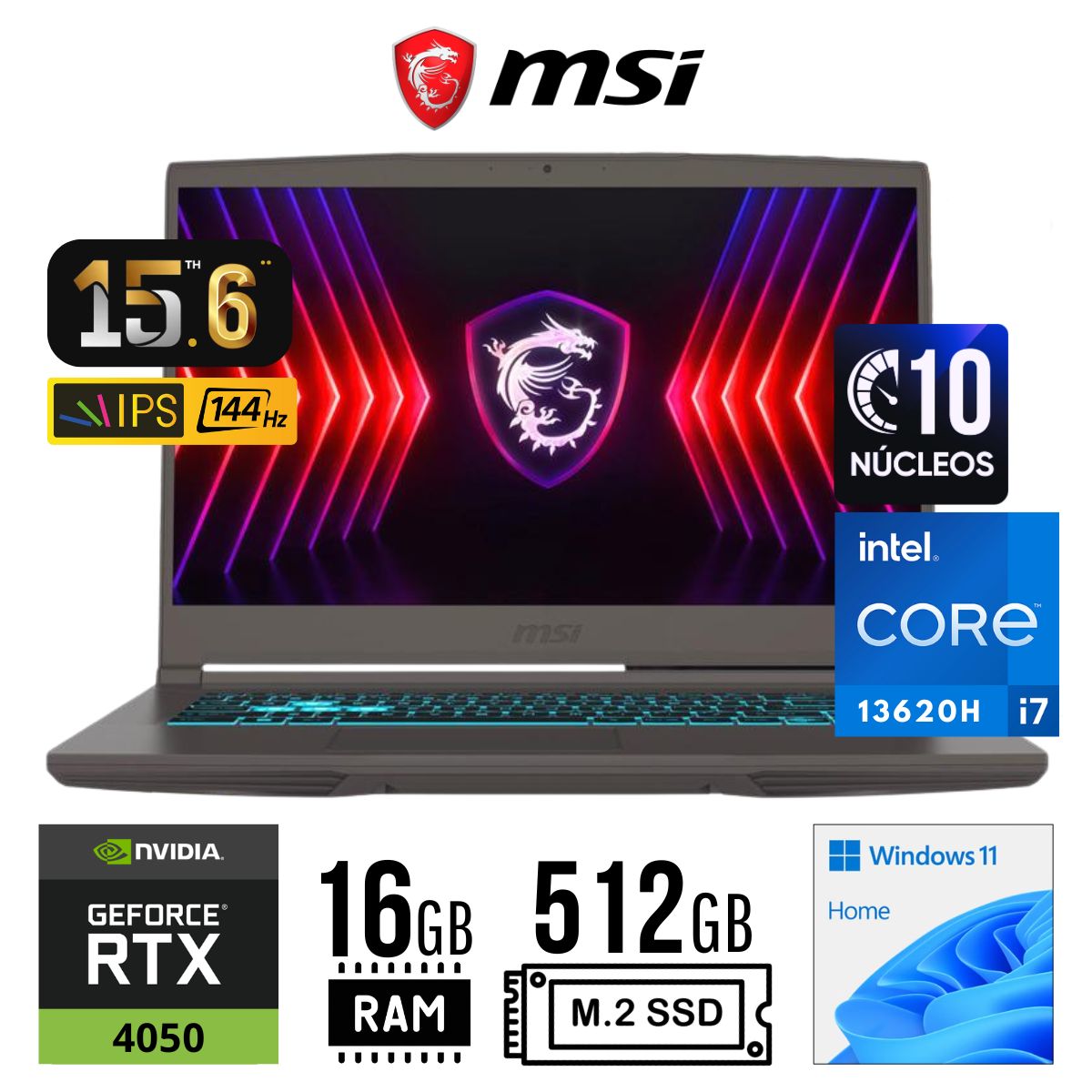MSI - LAPTOP MSI THIN 15 B13VE INTEL CORE i7-13620H RAM 16GB SSD 512GB RTX 4050 6GB 15.6" FHD WIN 11 HOME