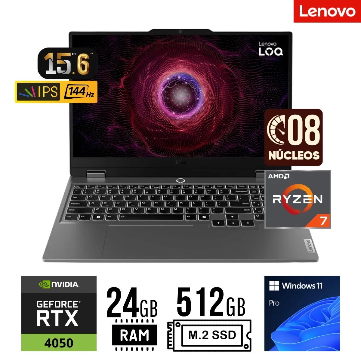 LENOVO - LAPTOP LENOVO LQ 15ARP9 AMD RYZEN 7-7435HS RAM 24GB SSD 512GB RTX 4050 6GB 15.6" FHD WIN 11 PRO