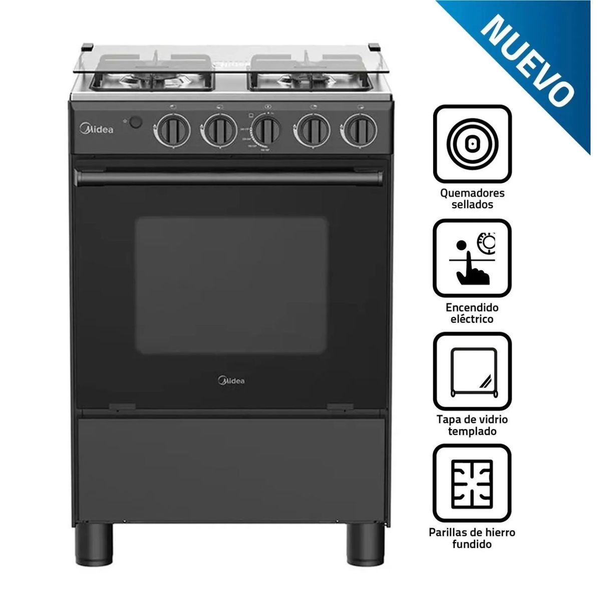 MIDEA - COCINA DE PIE MIDEA MGS24FS2LFABBC-PE  A GAS 4 HORNILLAS NEGRO