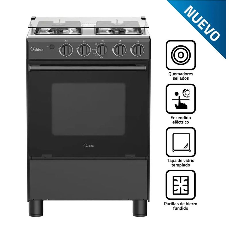 MIDEA - COCINA DE PIE MIDEA MGS24FS2LFABBC-PE  A GAS 4 HORNILLAS NEGRO
