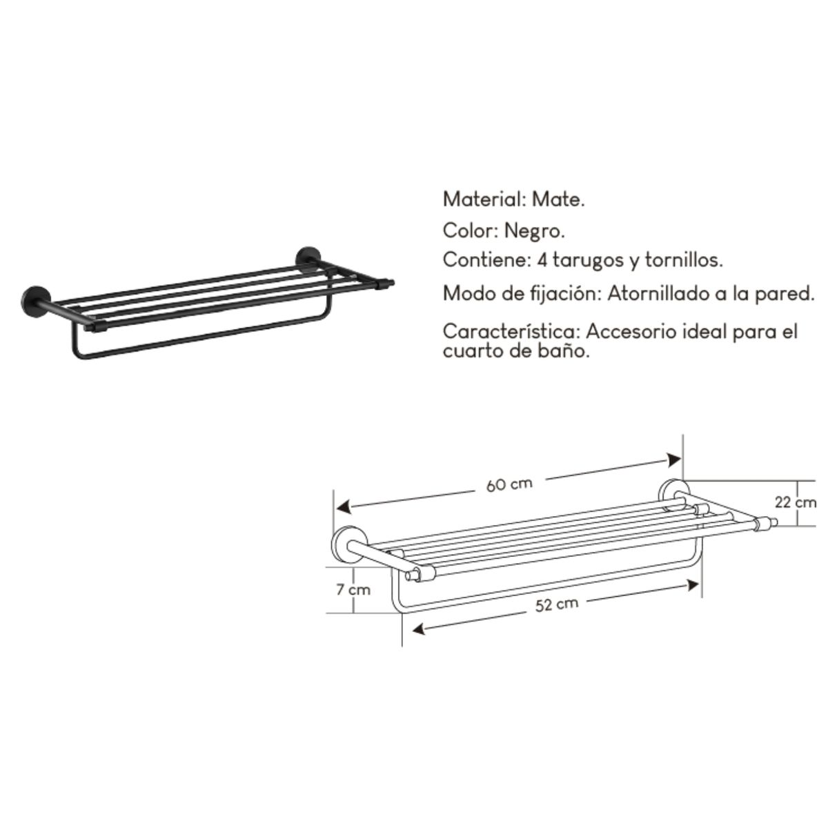 GENERICO - Toallero para Baños Negro Mate 60 cm Acero 304