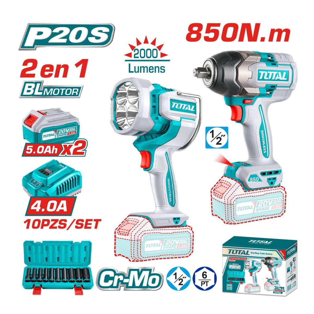 TOTAL TOOLS - Combo Llave de Impacto 850Nm + linterna Total