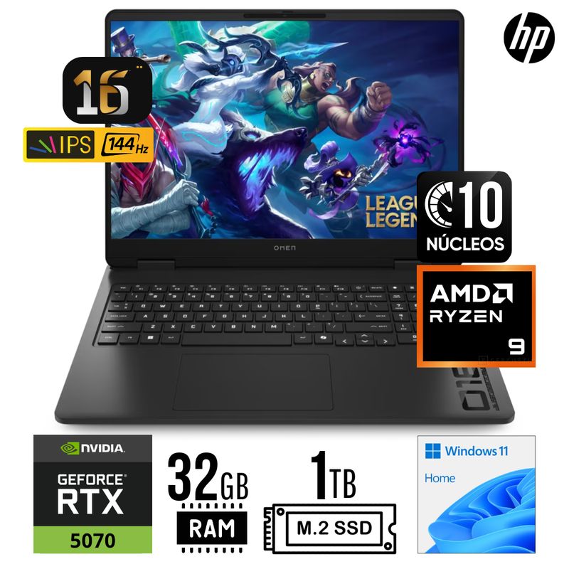 HP - LAPTOP HP OMEN 16-ap0004la AMD RYZEN AI 9-365 RAM 32GB SSD 1TB RTX 5070 8GB 16" 2K IPS  WIN 11 HOME