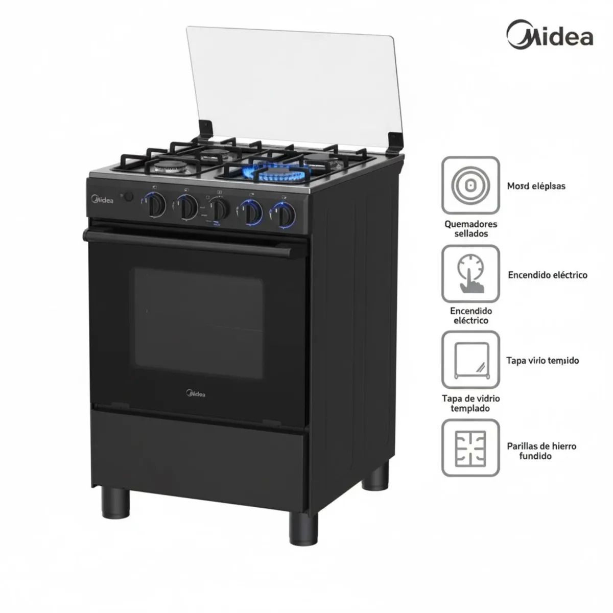MIDEA - Cocina A Gas MIDEA 4 Quemadores MGS24FS2LFABBC Negro