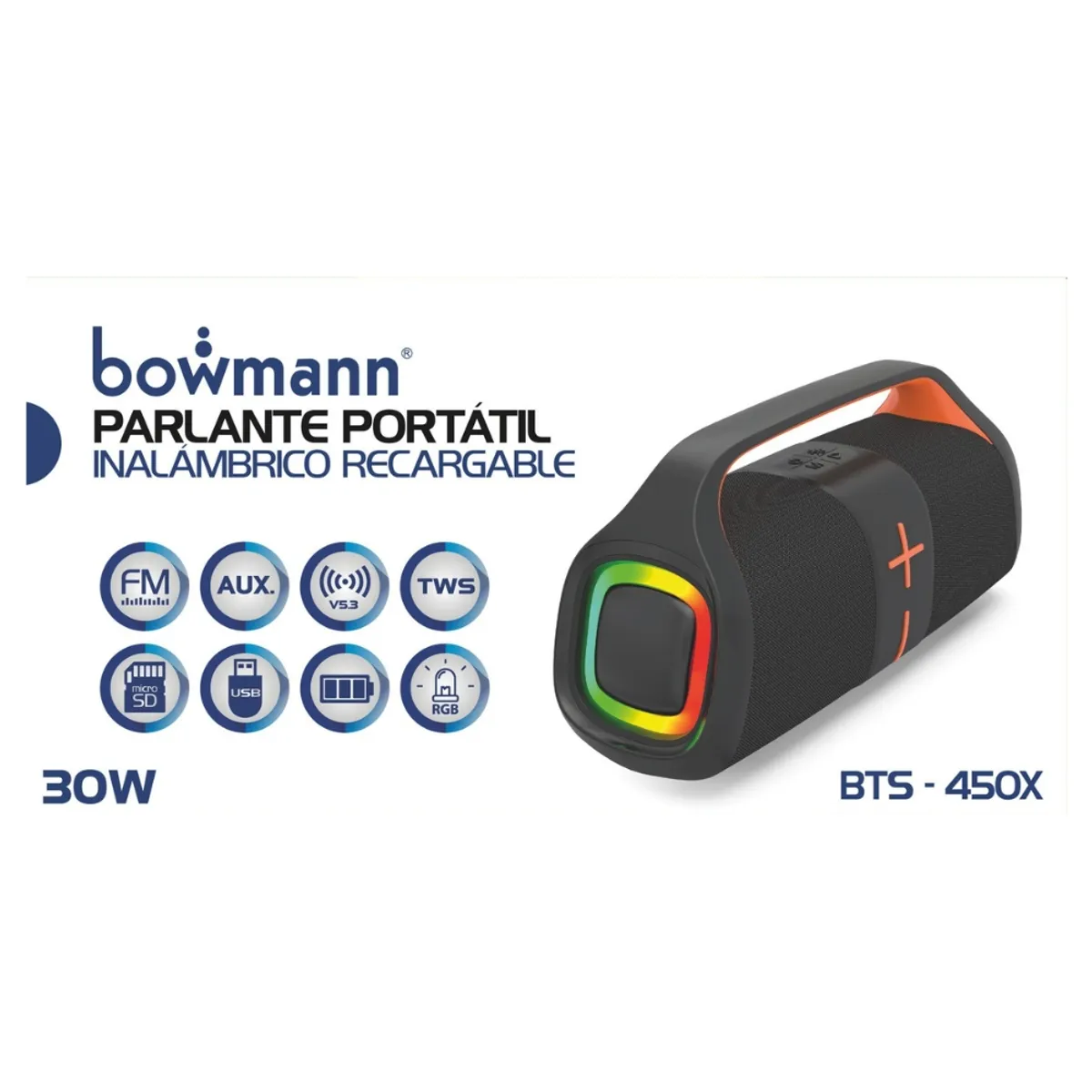 BOWMANN - Parlante Bluetooth Portátil Bowmann Recargable TWS con FM BTS-450X