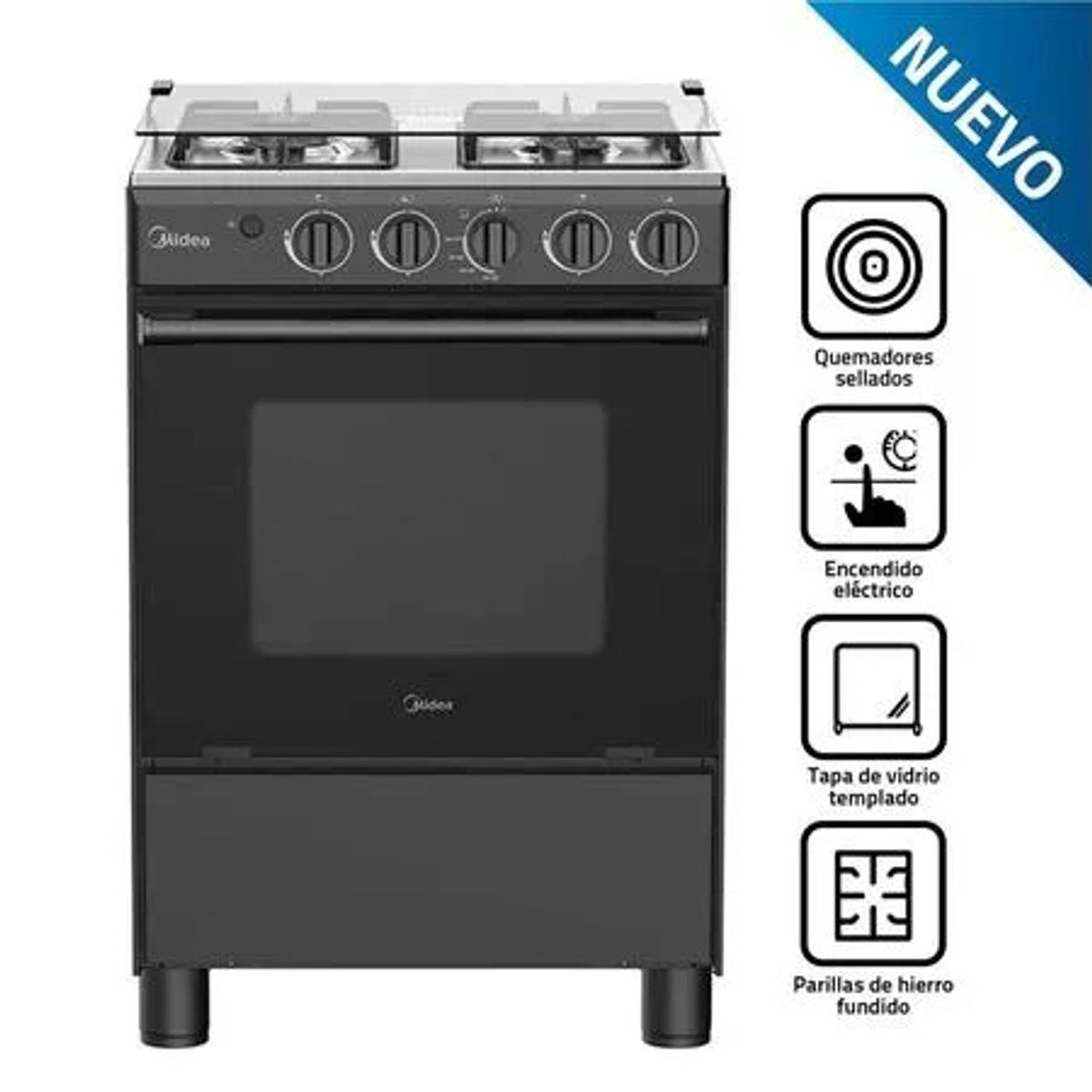 Midea - Cocina A Gas MIDEA 4 Quemadores MGS24FS2LFABBC Negro