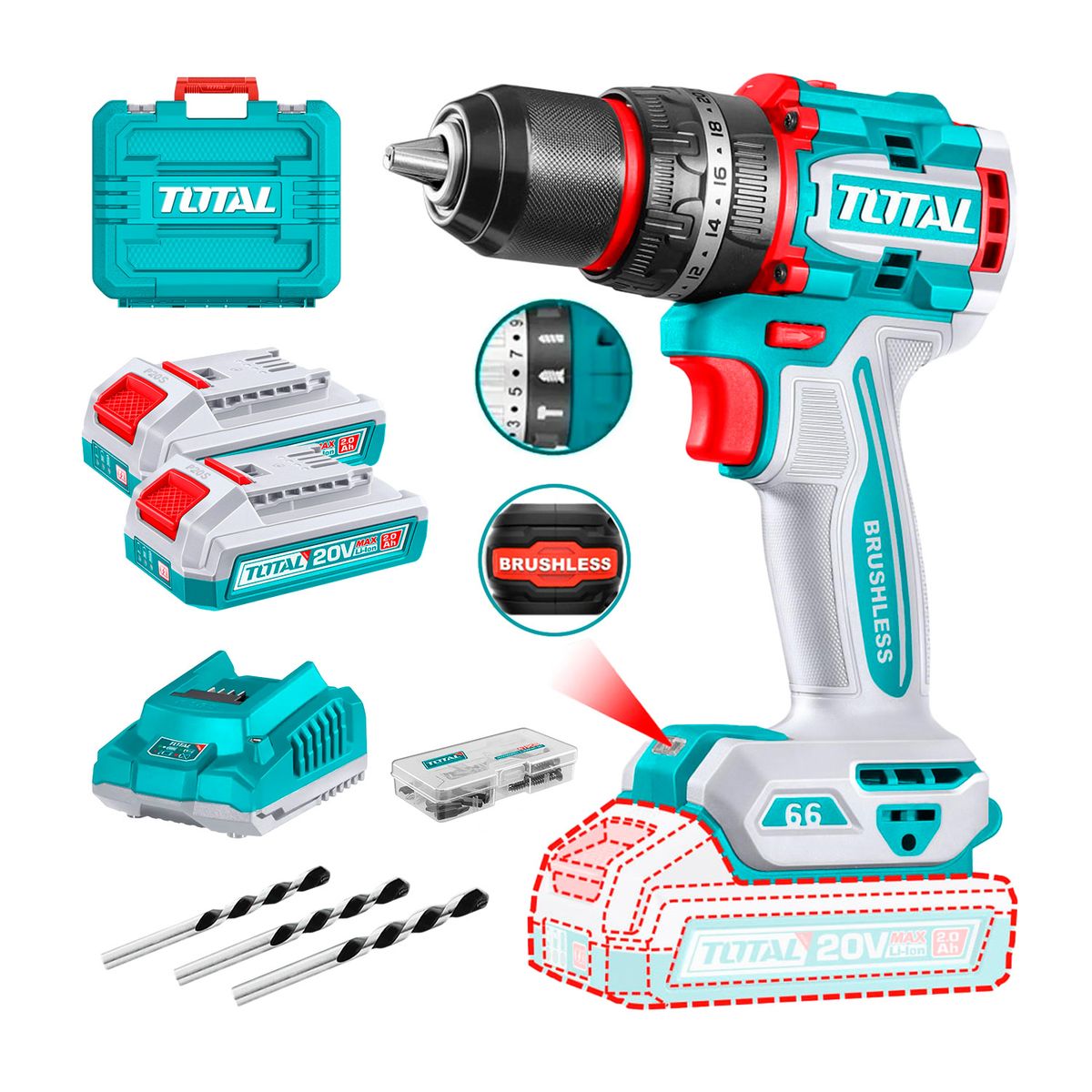 TOTAL TOOLS - Taladro Percutor 66nm Chuck Metálico Total + 2 Baterías 20v