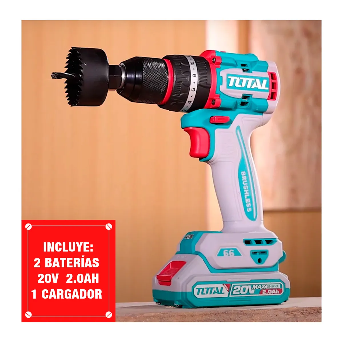 TOTAL TOOLS - Taladro Percutor 66nm Chuck Metálico Total + 2 Baterías 20v