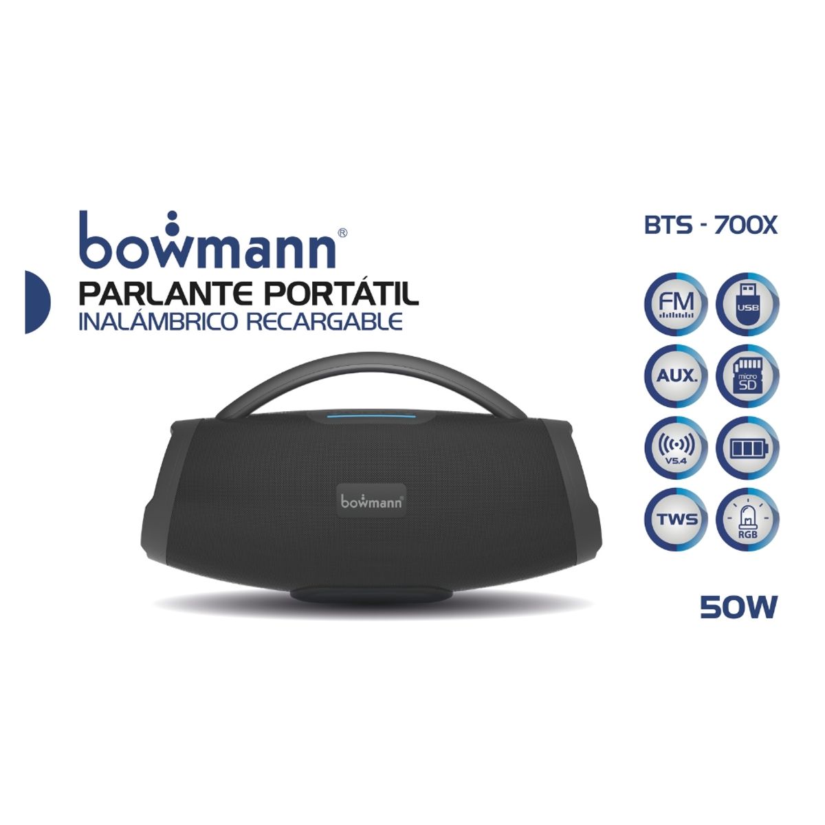 BOWMANN - Parlante Bluetooth Portátil Bowmann Recargable TWS con FM 50w BTS-700X