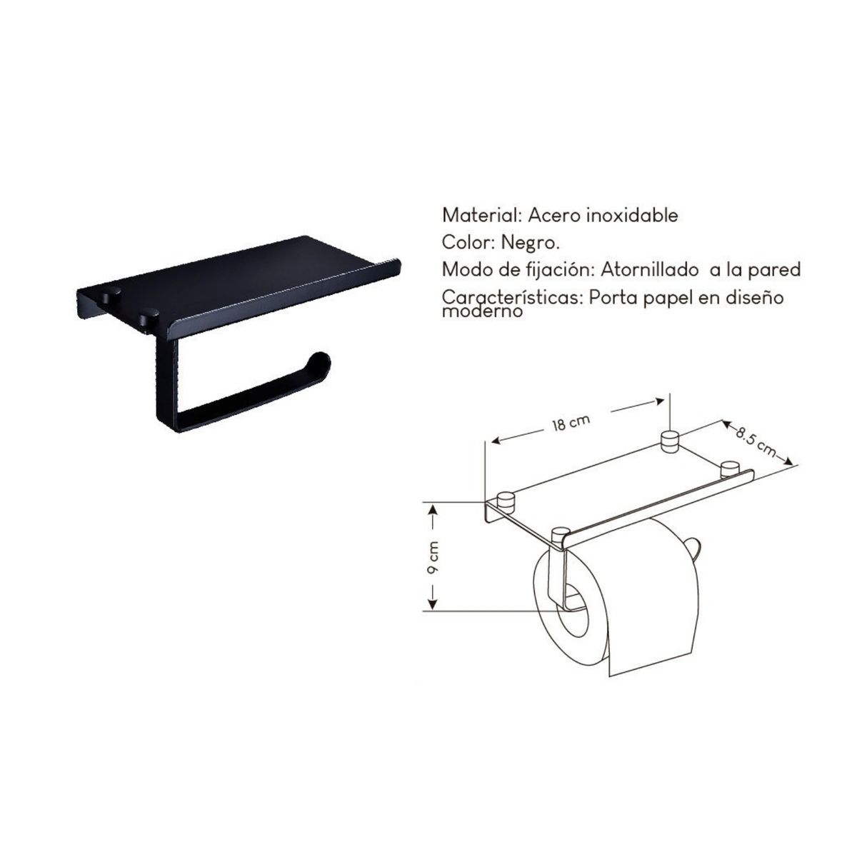 GENERICO - Porta Papel Higiénico con Soporte para Móvil Negro Mate