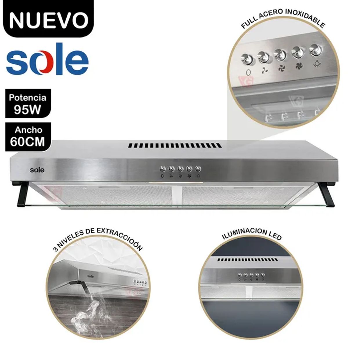 SOLE - Campana Extractora Roma Acero Inoxidable 60cm Sole TURE15