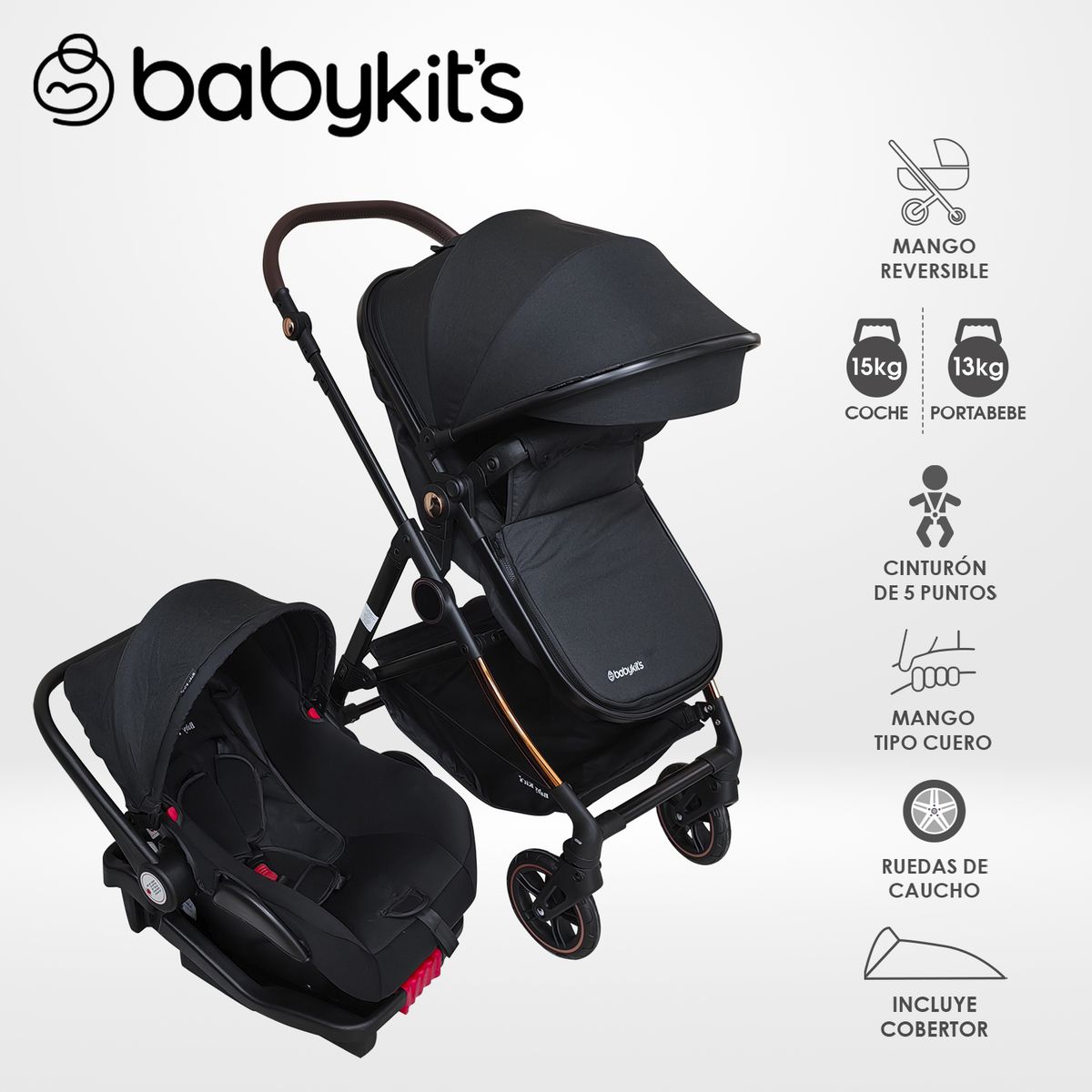 BABY KITS - Coche Cuna Vox TS Gold con Portabebé y base de auto Negro