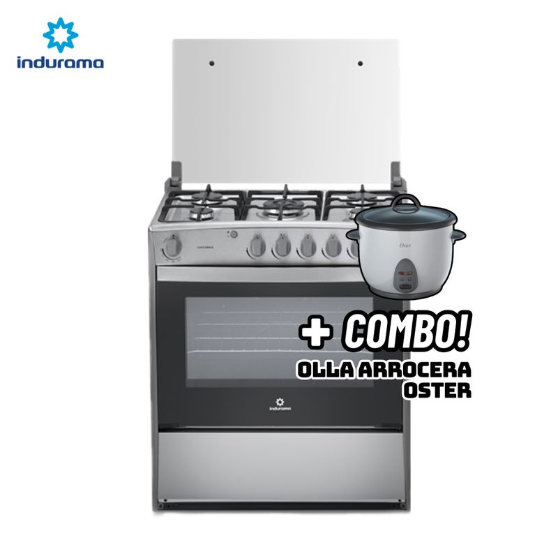 INDURAMA - COCINA DE PIE INDURAMA A GAS 5 HORNILLAS CROMA - CANTABRIA + ARROCERA OSTER BLANCA