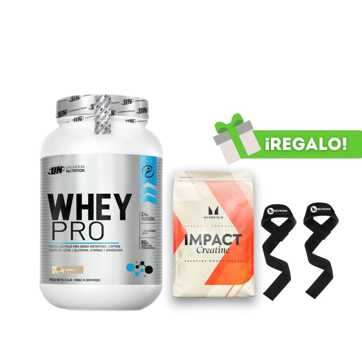 UNIVERSE NUTRITION - PROTEÍNA WHEY PRO 1 KG VAINILLA + CREATINA MYPROTEIN 250G + STRAPS