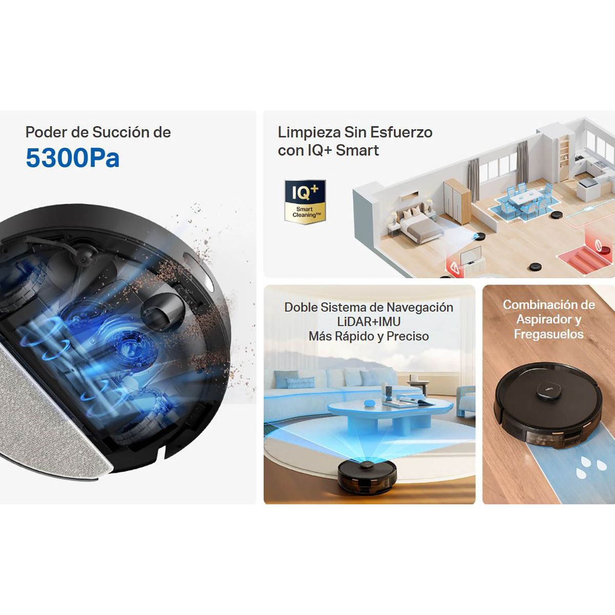 TP LINK - Tapo RV30 Max Robot Aspirador Trapeador 5300Pa Sistema LiDAR+IMU Negro