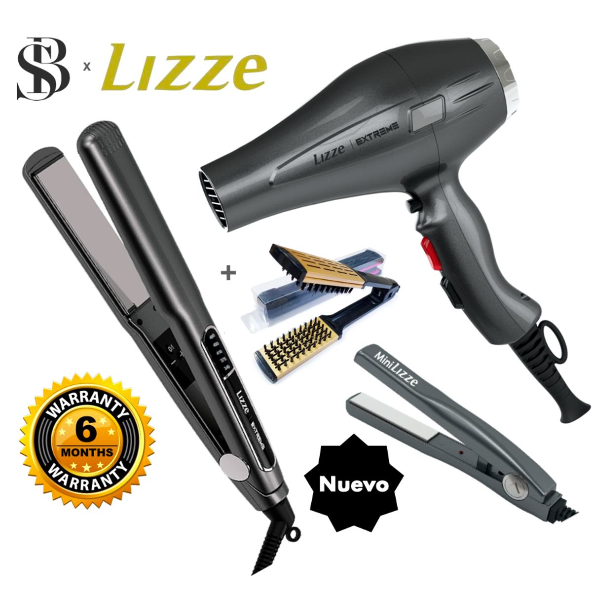 LIZZE - KIT PLANCHA Y SECADORA 2400W DE CABELLO EXTREME + MINI LIZZE + CEPILLO