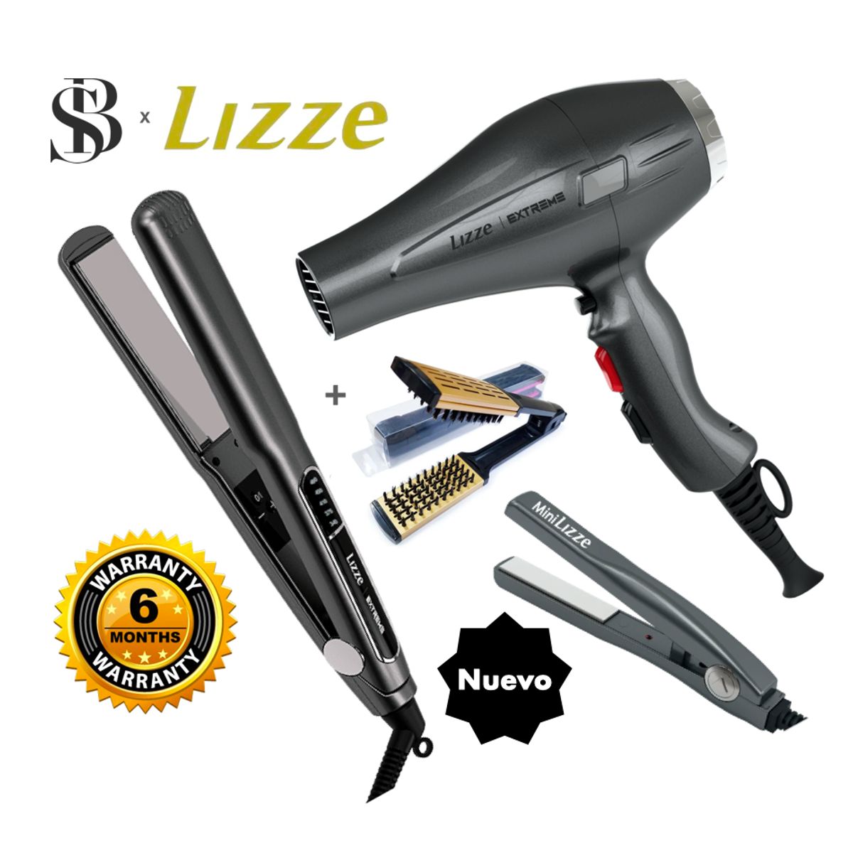 LIZZE - KIT PLANCHA Y SECADORA 2400W DE CABELLO EXTREME + MINI LIZZE + CEPILLO