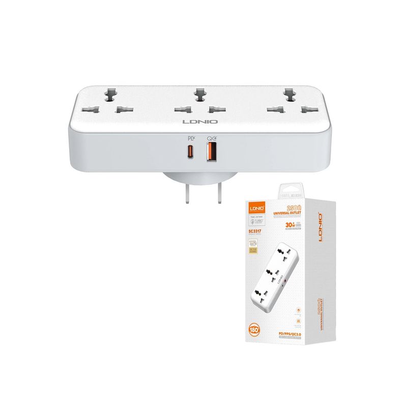 LDNIO - Tomacorriente portátil Rotable de 3 salidas de 2500W SC3317