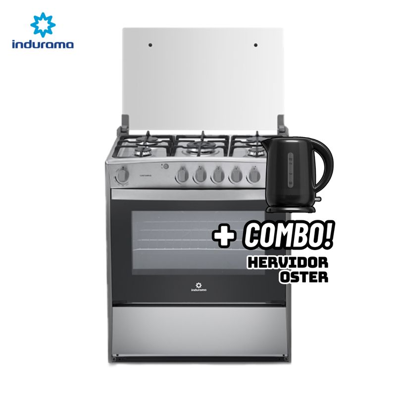 INDURAMA - COCINA DE PIE INDURAMA A GAS 5 HORNILLAS CROMA - CANTABRIA + HERVIDOR OSTER NEGRO