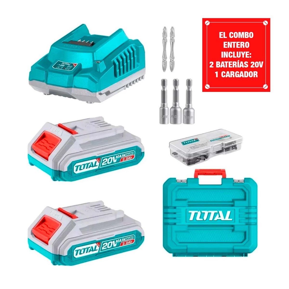 TOTAL TOOLS - Taladro Percutor 20v + Atornillador Impacto Total Brushless