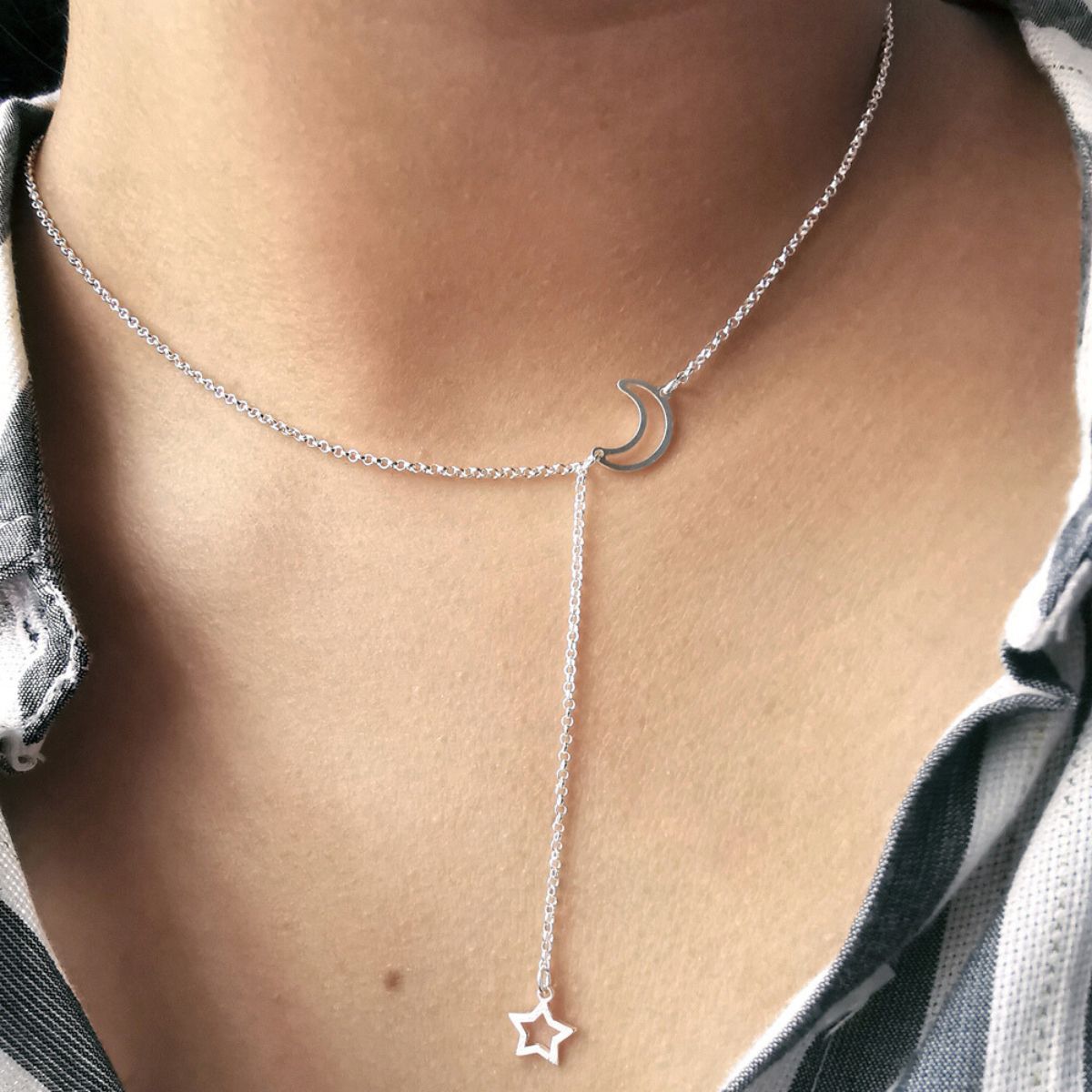 AMBAR JOYERIA - Collar Conti Luna y Estrella Calada Plata 925