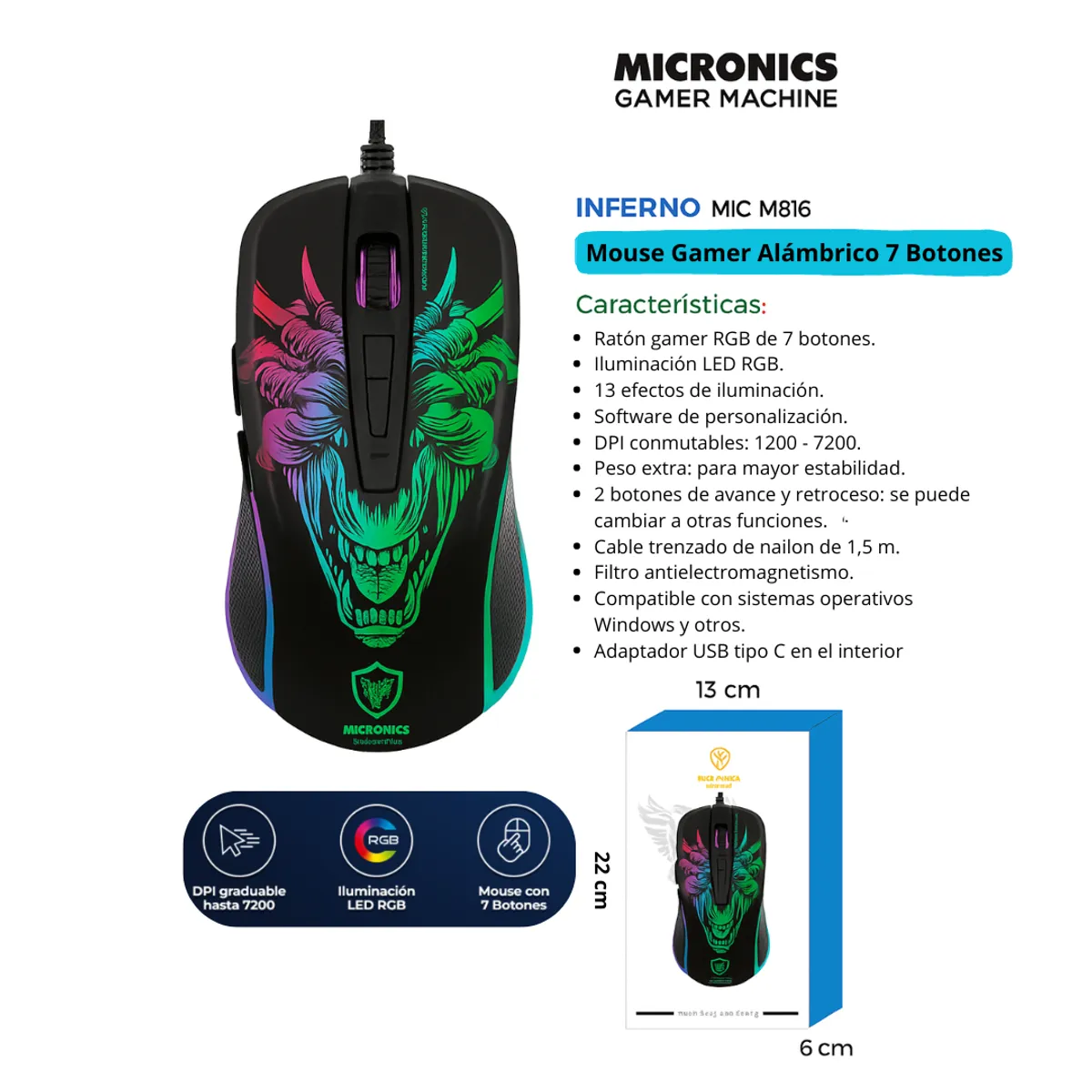 MICRONICS - Micronics - Mouse Gamer Inferno RGB MIC M816 Negro