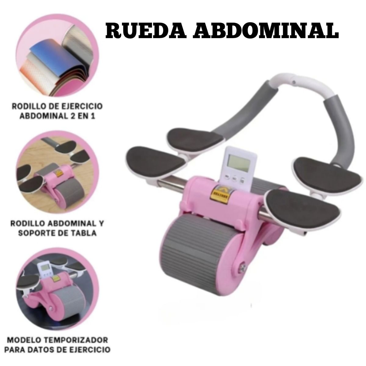 OEM - Rueda Ejercitador Abdominal Doble con Rebote + Temporizador Color Rosado