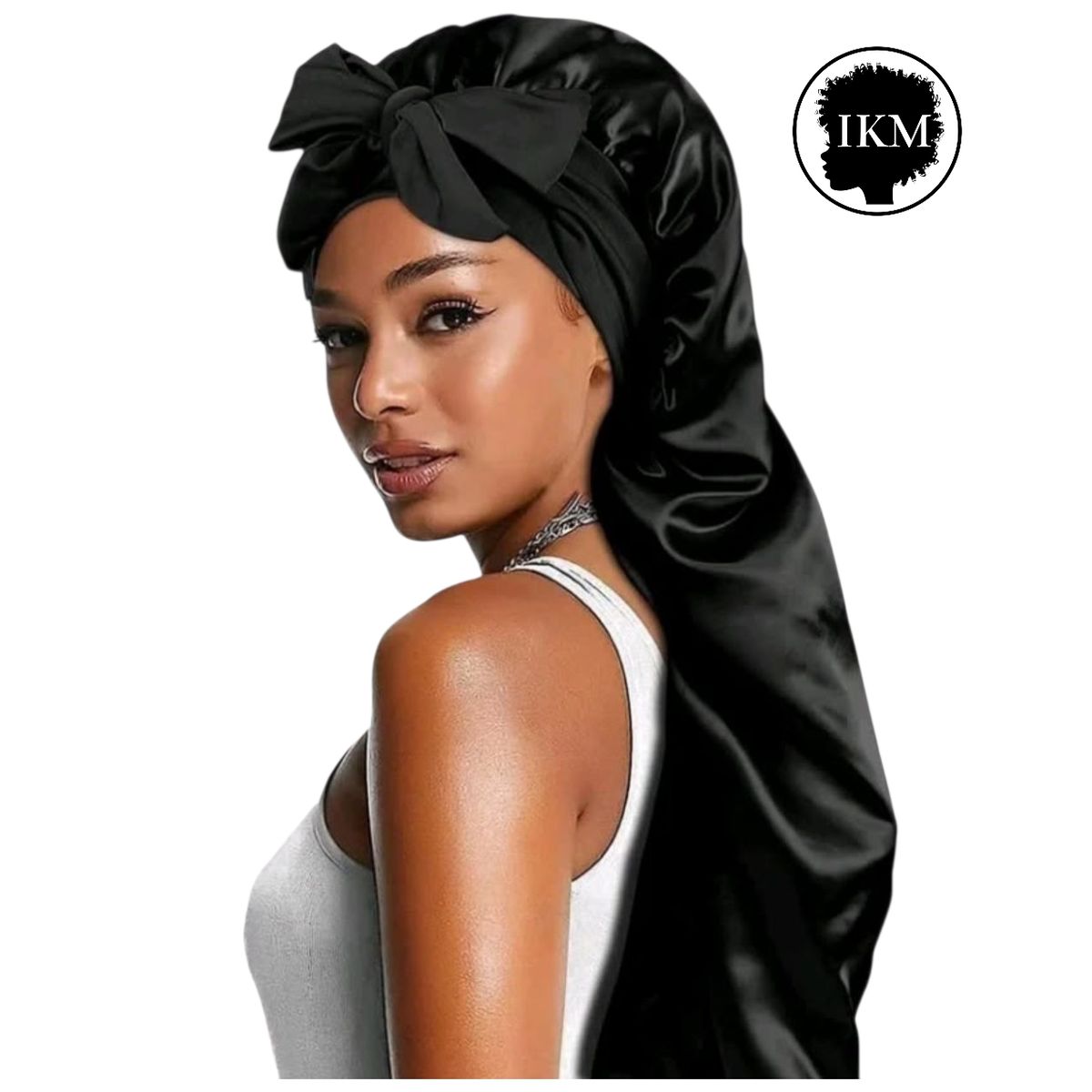 GENERICO - Gorro de Satin Bonnet Largo para dormir en color negro