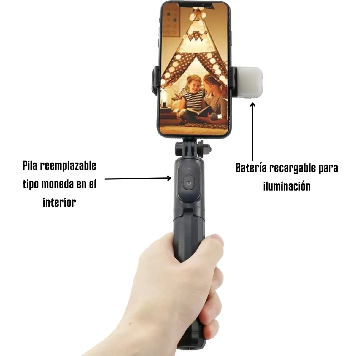 GENERICO - Mini Trípode Brazo Selfie Stick 2 en 1 Bluetooth Luz LED Q07
