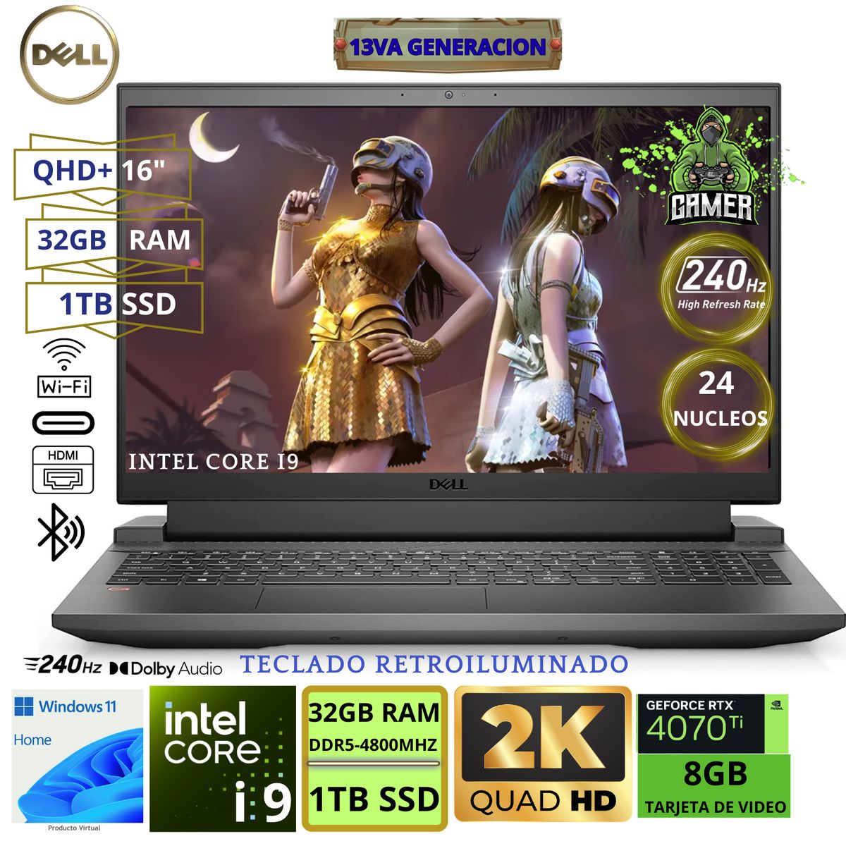 DELL - Laptop Gamer DELL G16-7630 16 Intel Core i9-13900HX 32GB RAM 1TB SSD NVIDIA GEFORCE RTX4070-8GB