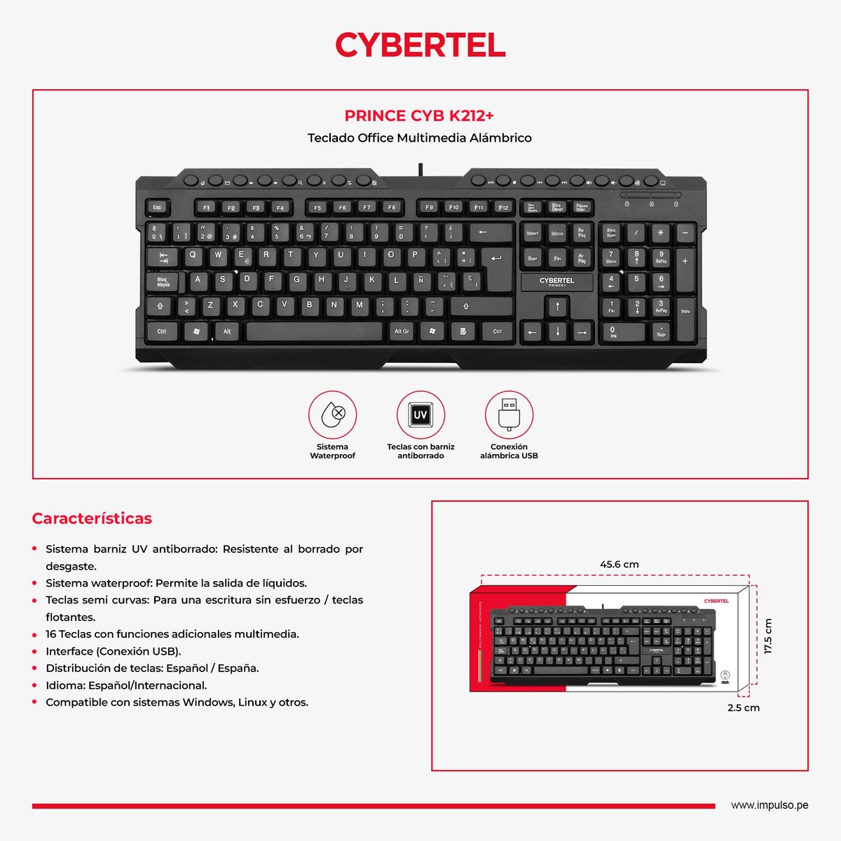 CYBERTEL - Teclado Oficina Multimedia Waterproof Cybertel Prince CYB K212+