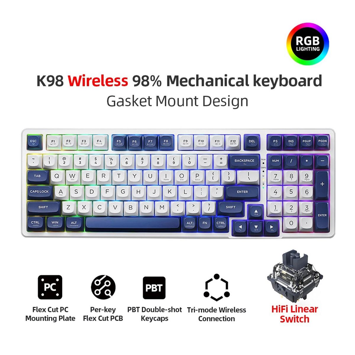 THUNDEROBOT - Teclado Gamer Thunderobot Con Cable K98 SP Blue Switch Red Led-RGB