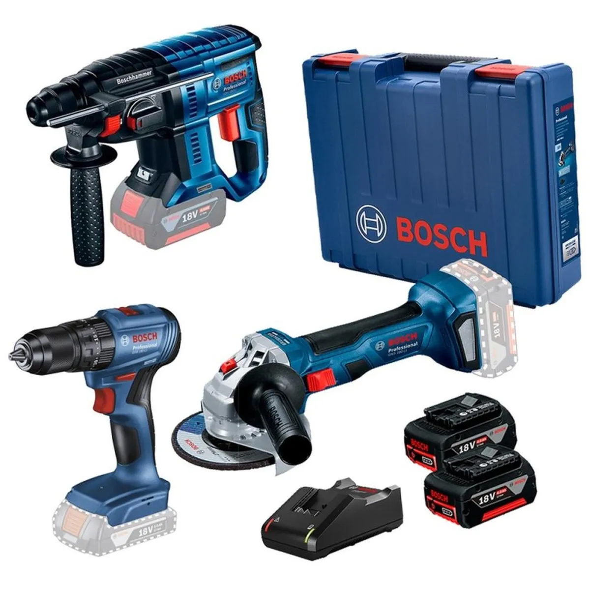 BOSCH - Amoladora 5" Inc 2 Bat + Rotomartillo Sds-Plus + Taladro Perc 1/2" 18V Brushless Bosch
