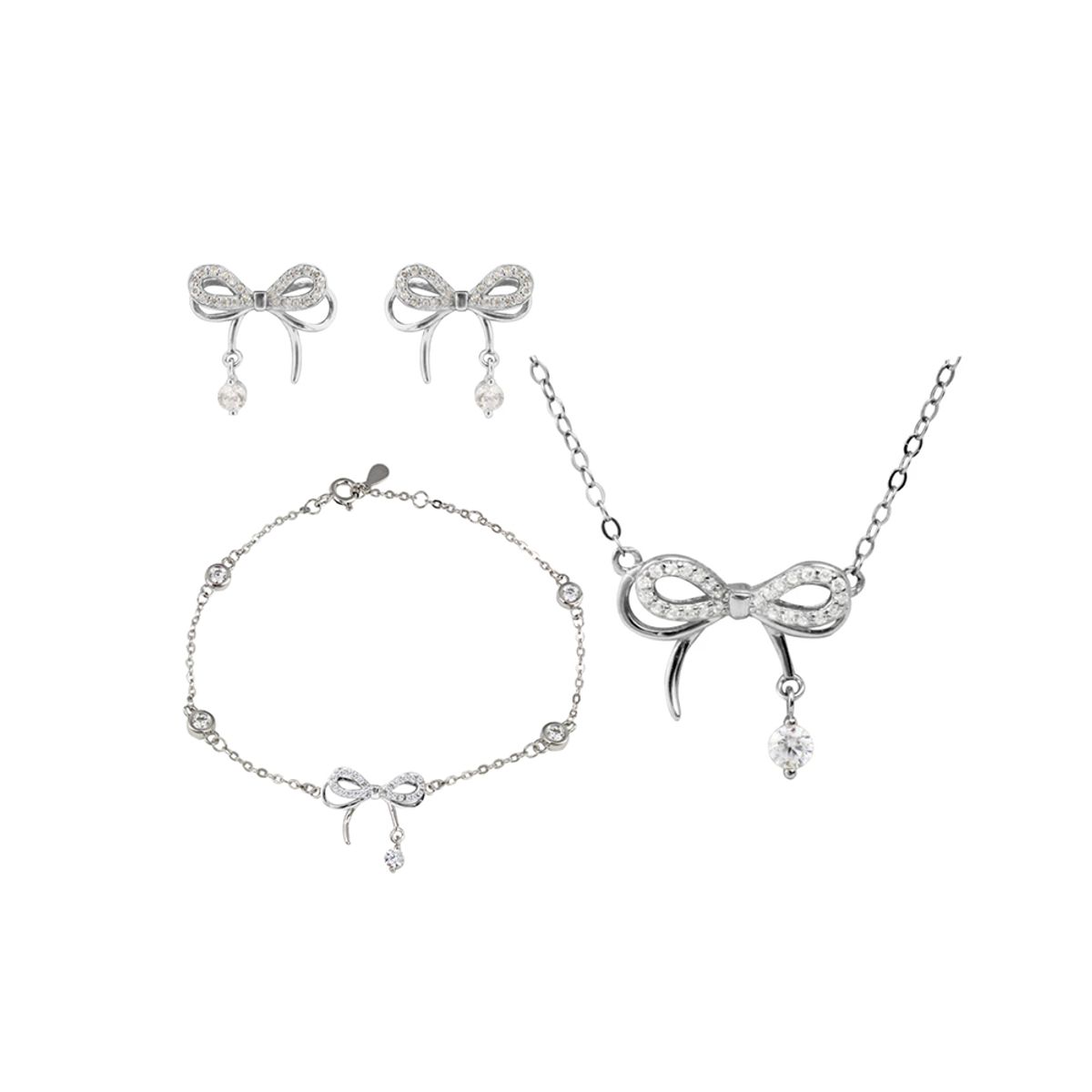CLEO JOYAS & ACCESORIOS - Set Collar  Arete y Pulsera Coquette Plateado Plata