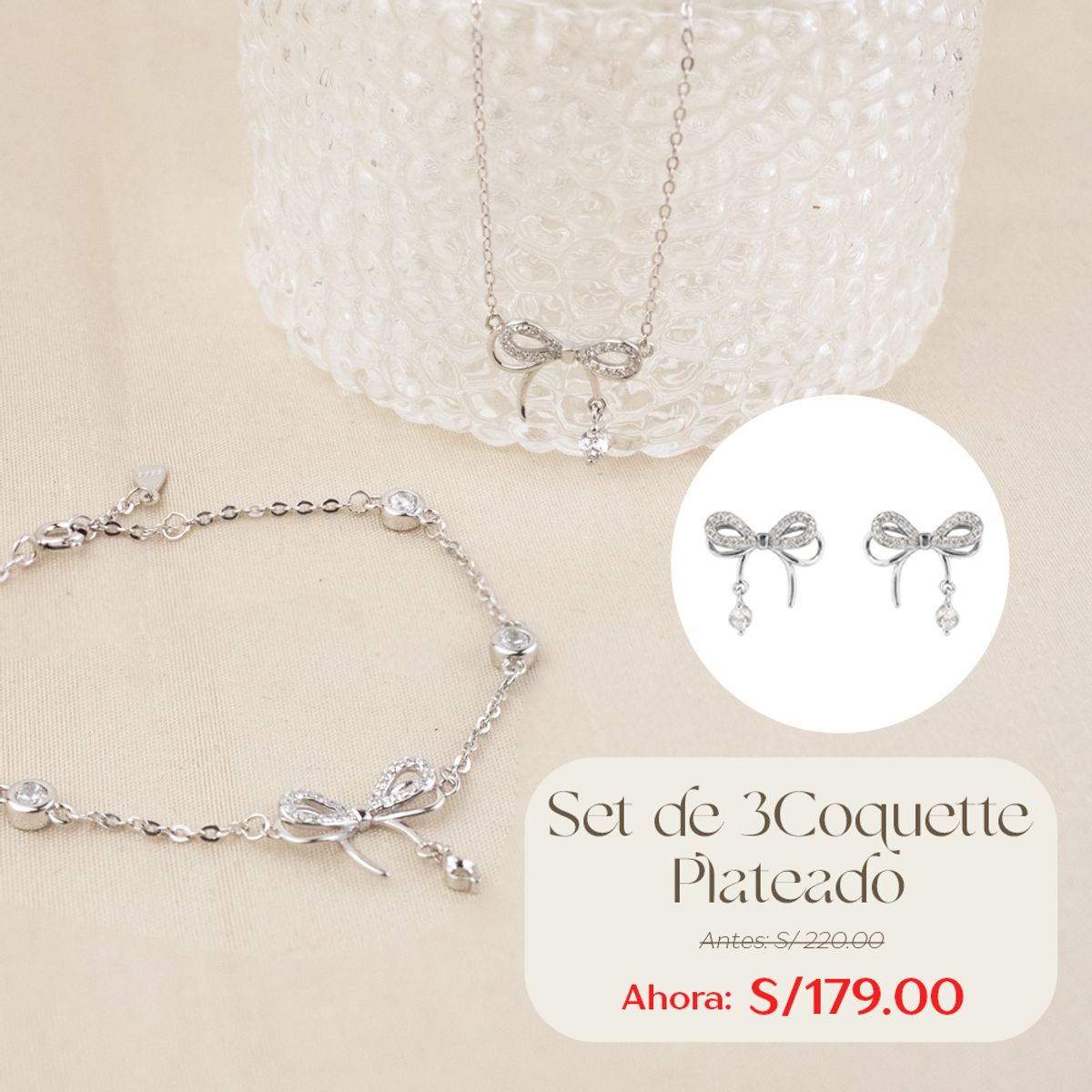 CLEO JOYAS & ACCESORIOS - Set Collar  Arete y Pulsera Coquette Plateado Plata