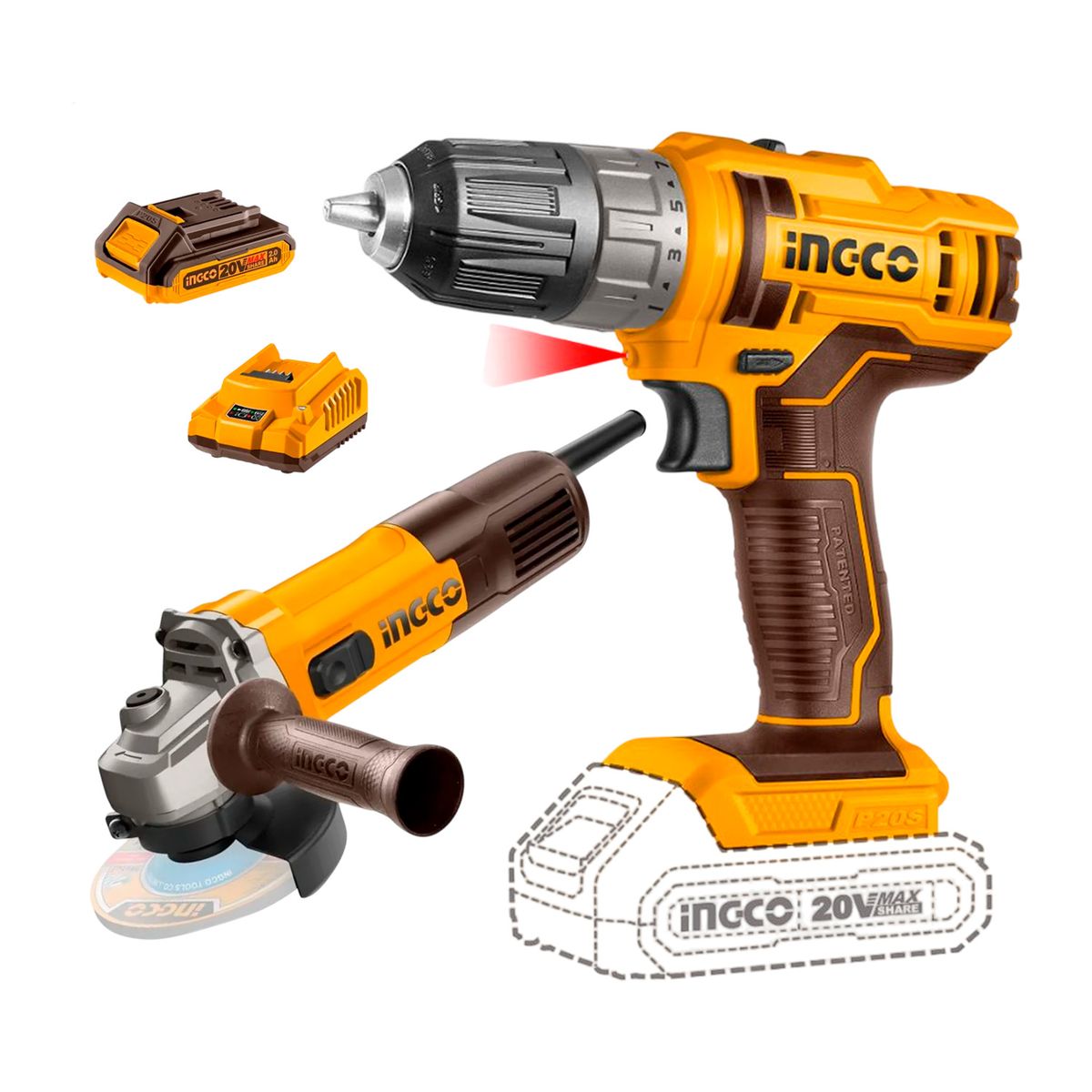 INGCO TOOLS - Taladro Atornillador 20v1bat + Amoladora 4 1/2' 710w Ingco