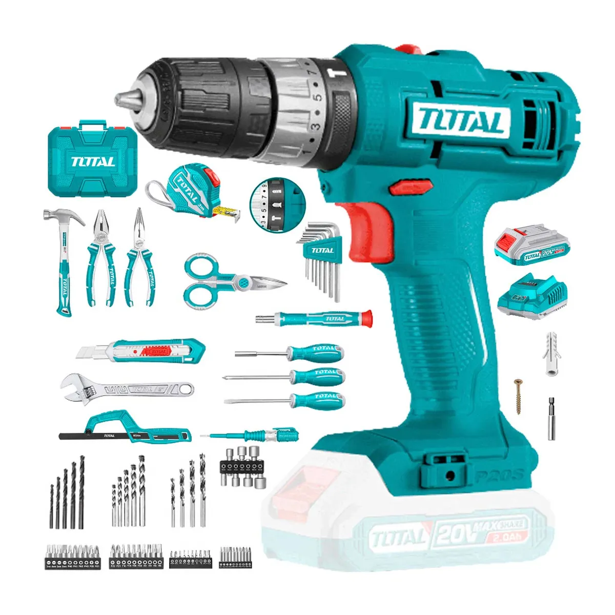 TOTAL TOOLS - Taladro Atornillador 20v+ Set Herramientas Total Thkthp11652