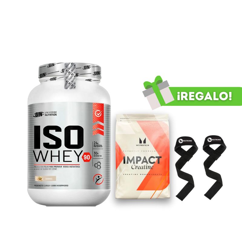 UNIVERSE NUTRITION - PROTEÍNA ISOWHEY COOKIES + CREATINA MYPROTEIN 250G + STRAPS