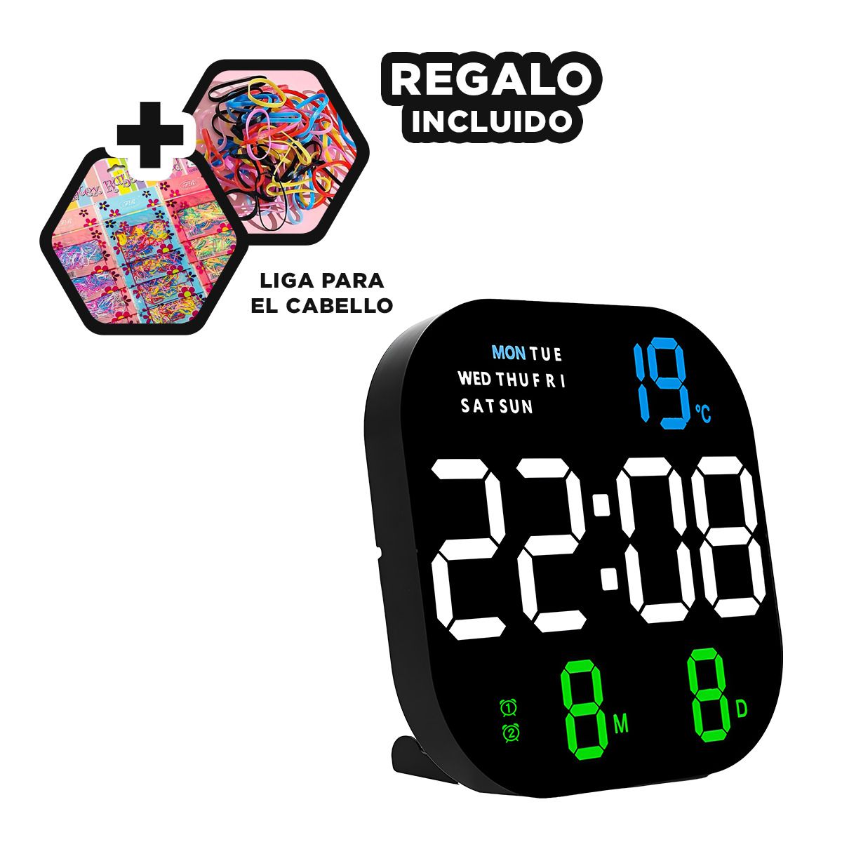 GENERICO - Pack6 Reloj Digital para Pared en Negro Y+Ligas de Regalo