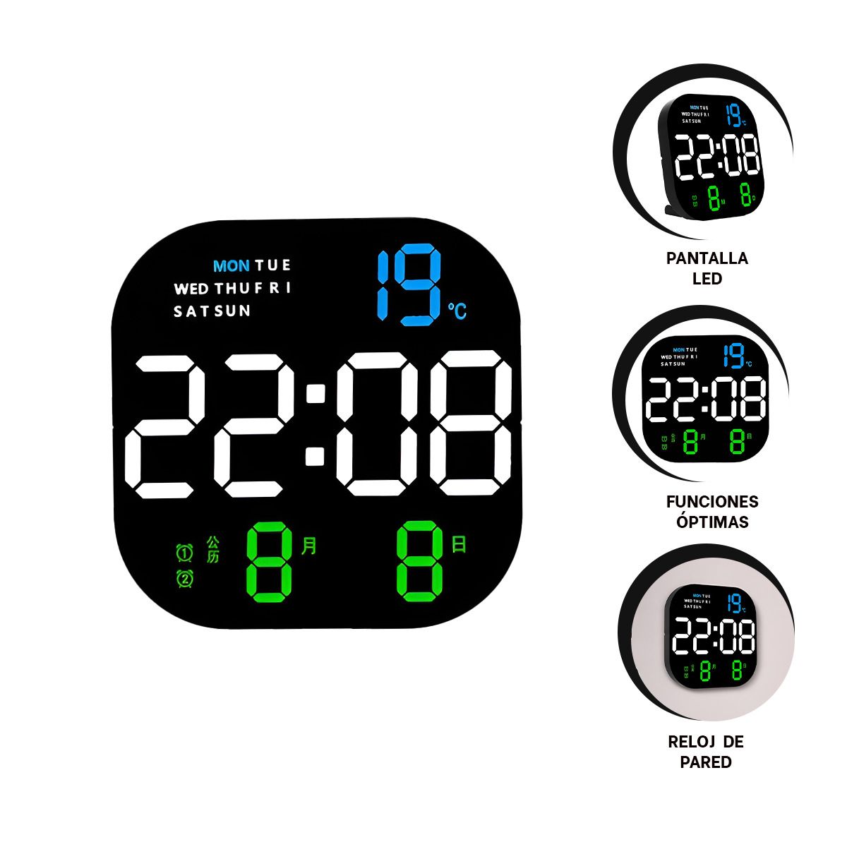 GENERICO - Pack2 Reloj Led de 228x228cm en Negro Y+Regalo Agendita