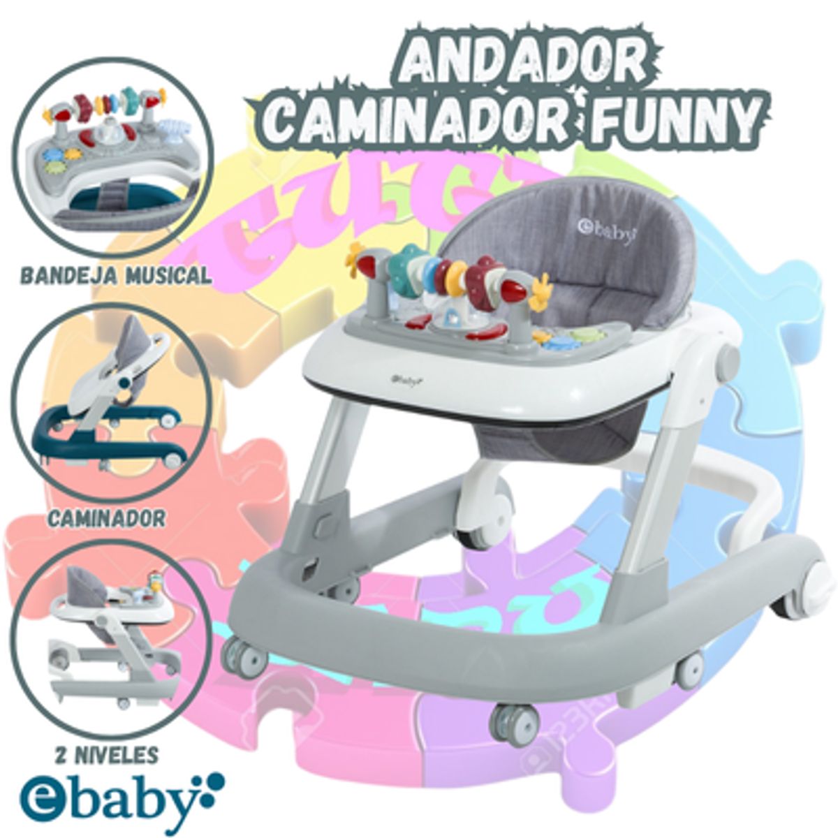 EBABY - Andador Caminador Interactiva para Bebés «FUNNY» Grey